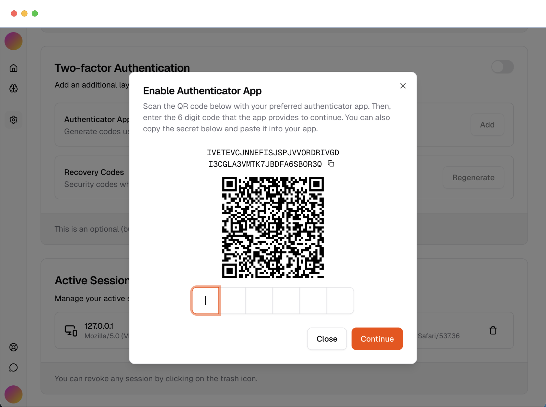 Setup authenticator