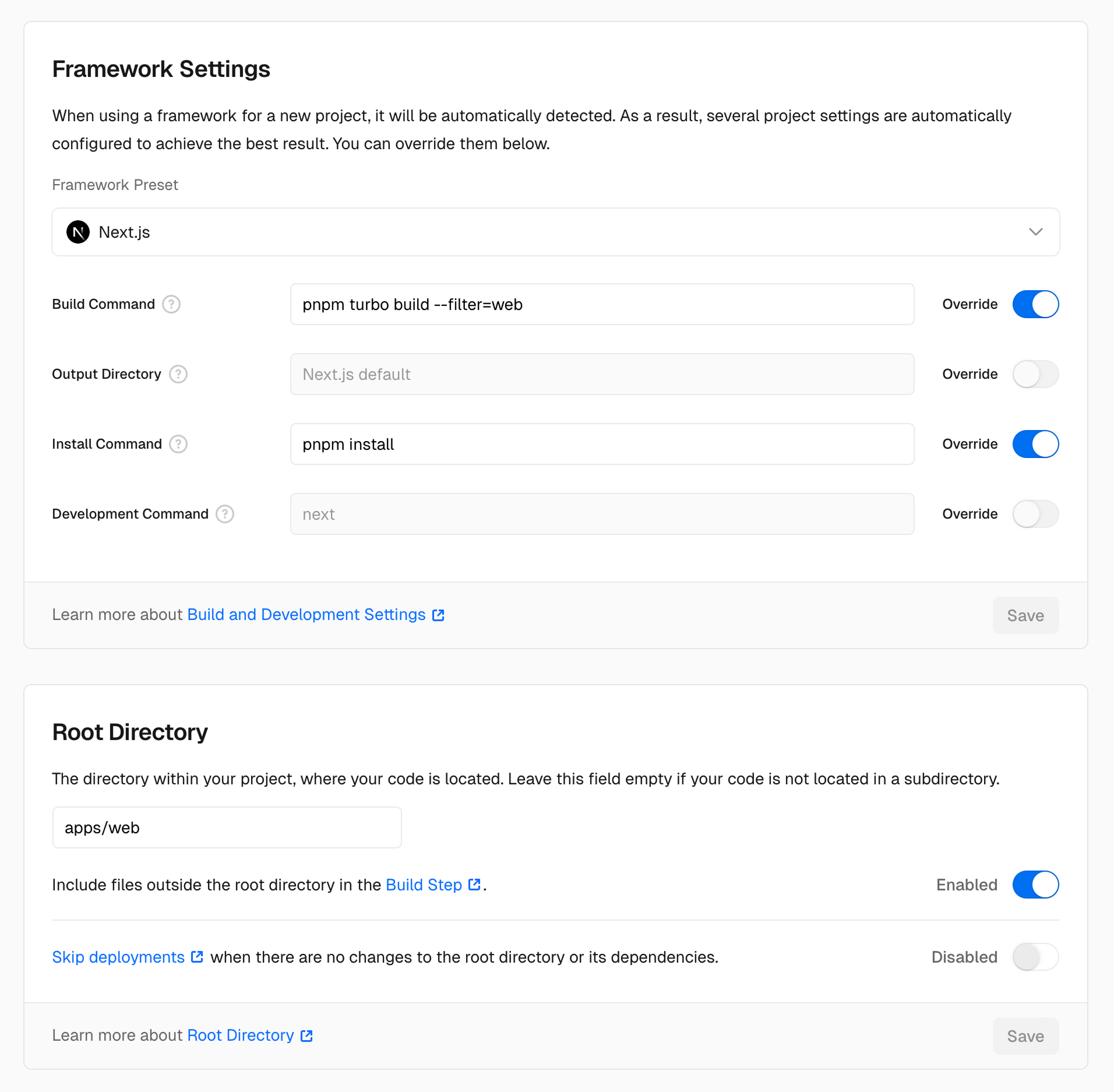 Vercel project settings